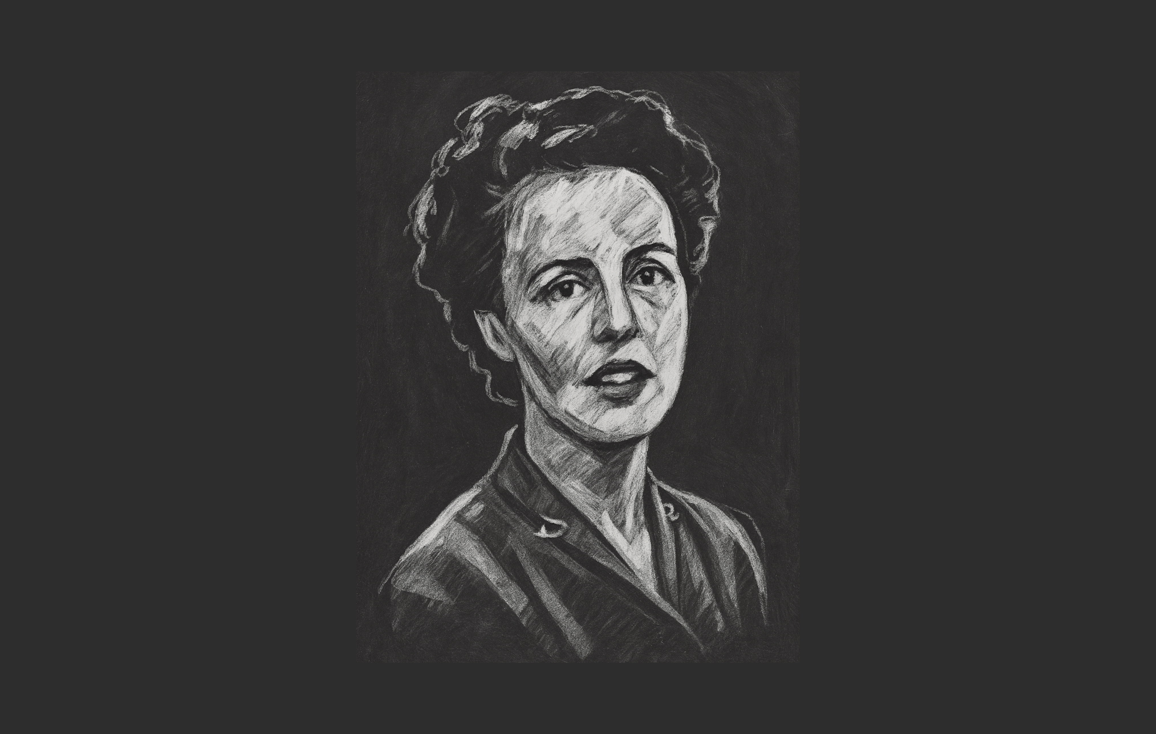 White chalk sketch of Barbara Pym in her RNS uniform on a gray chalkboard